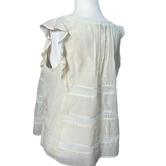NEW LOFT Womens M Blouse Silk White Lace Trim Embroidered Flutter Sleeve Top - Picture 4 of 10